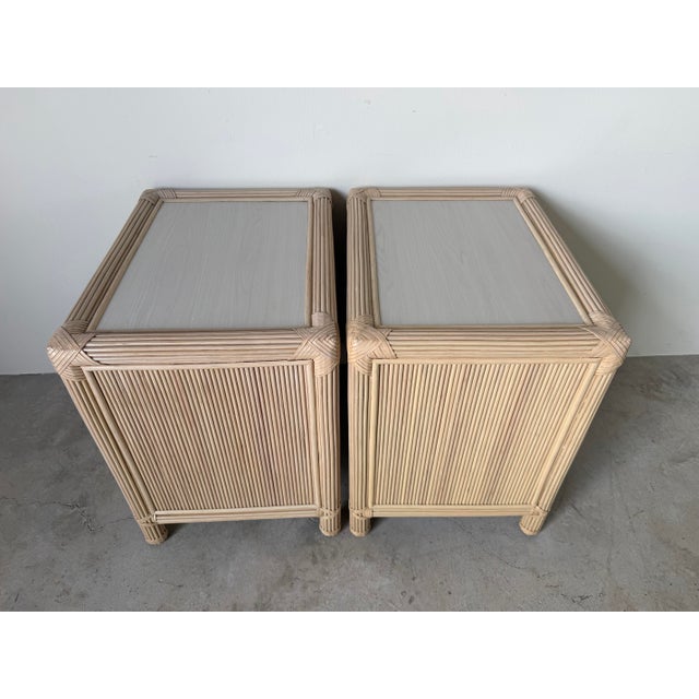 1980s Vintage Coastal Rattan & Leather Top One-Drawer Nightstands – A Pair For Sale - Image 5 of 12
