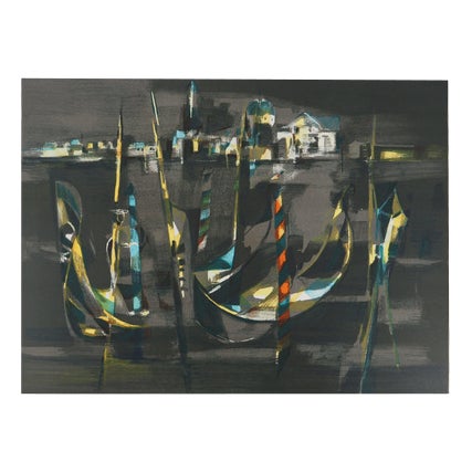 Marcel Mouly, The Gondolas in Front of St Georges at Night, Original Lithograph For Sale