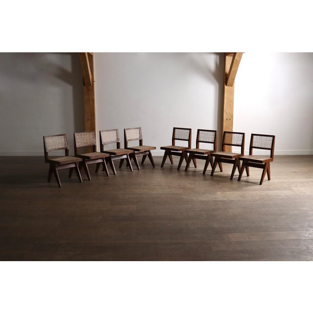 Set of eight PJ-SI-25-A Student Chairs or armless dining chairs, designed by Pierre Jeanneret for Panjab University in...