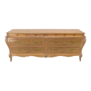 Long Country French Bombe 8 Drawer White Wash Burl Dresser Credenza Solid &