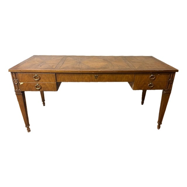 Vintage Walnut Writing Desk With Inlaid Veneer Top & Brass Ring Pulls For Sale