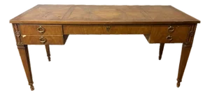 Vintage Walnut Writing Desk With Inlaid Veneer Top & Brass Ring Pulls
