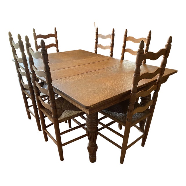 Mid 19th Century Oak Dining Table + Set of 6 Chairs For Sale