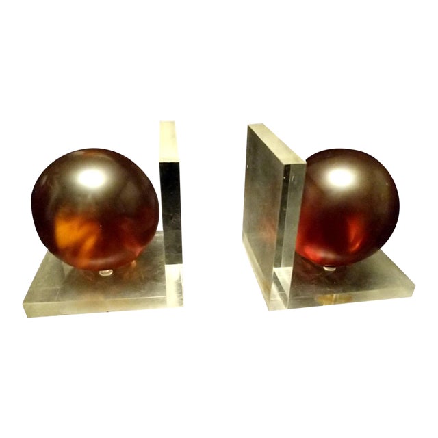 Vintage Lucite Bookends Transparent With Amber Orbs Balls Retro