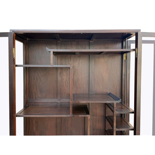 Vintage Dark Brown Oriental Treasure Glass Doors Display Curio Stack Cabinet For Sale - Image 12 of 13