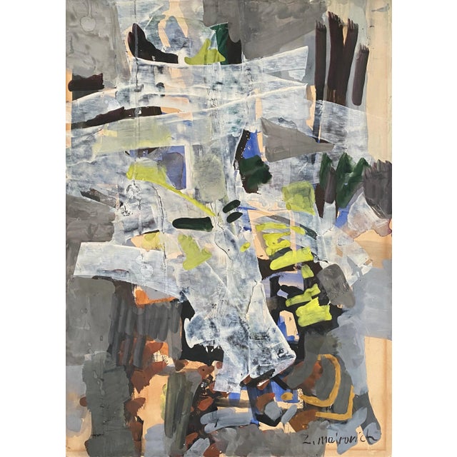 Zvi Mairovich, Abstract White Flowers Israeli Modernist Gouache and Watercolor Painting For Sale