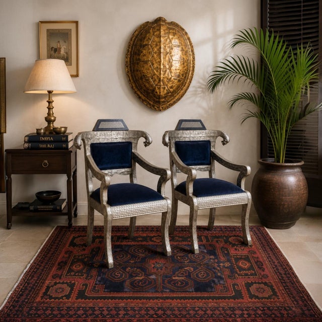 Mid-Century Anglo-Indian Klismos Style Metal Clad Chairs W/ Lions & Velvet - Pair For Sale - Image 4 of 11