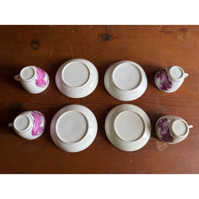 Early 19th Century 1805 Rare Antique Set of Four Pink Lustre and Bat Printed Pearlware Handled Cups and Saucers, Attributed to Thomas Wolfe - Set of 8 For Sale - Image 5 of 17