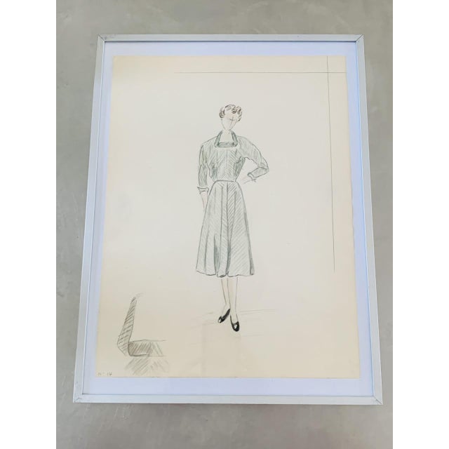 Vintage, signed, framed, pencil sketch/illustration/fashion design drawing, by French fashion artist, Berthe Duquaine,...