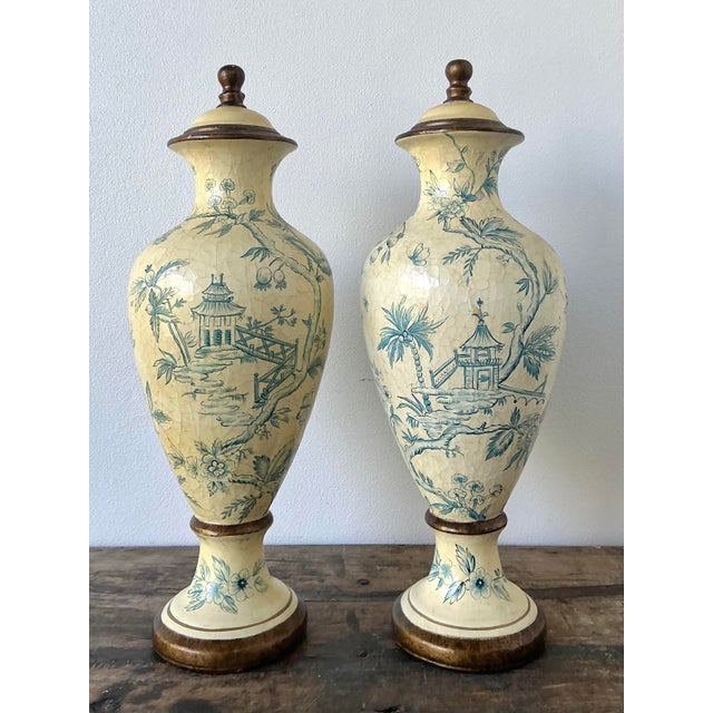 Chinoiserie Vintage Crackle Finish Blue Willow Urns - A Pair For Sale - Image 3 of 12