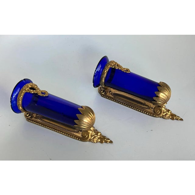 Late 19th Century Antique Late 19th Exquisite Louis Philippe French Wall Sconces With Sèvres-Style Cobalt Blue Glass Vases Gilded Ormolu Mounts, a Pair For Sale - Image 5 of 12
