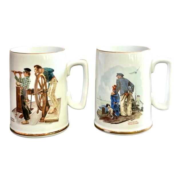 Vintage Norman Rockwell Ceramic Mugs Set of 2 For Sale