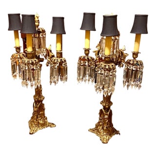 Pair of Antique American Cornelius Gilt Bronze and Crystal Three Arm Candelabra For Sale