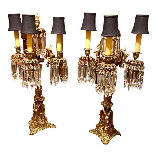 Pair of Antique American Cornelius Gilt Bronze and Crystal Three Arm Candelabra For Sale