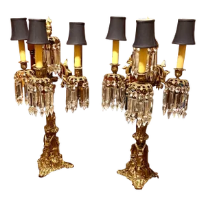 Pair of Antique Cornelius Gilt Bronze and Crystal Three Arm Candelabra