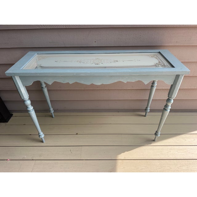 Traditional Vintage Etched Glass Carved Wood Console Table For Sale - Image 3 of 16