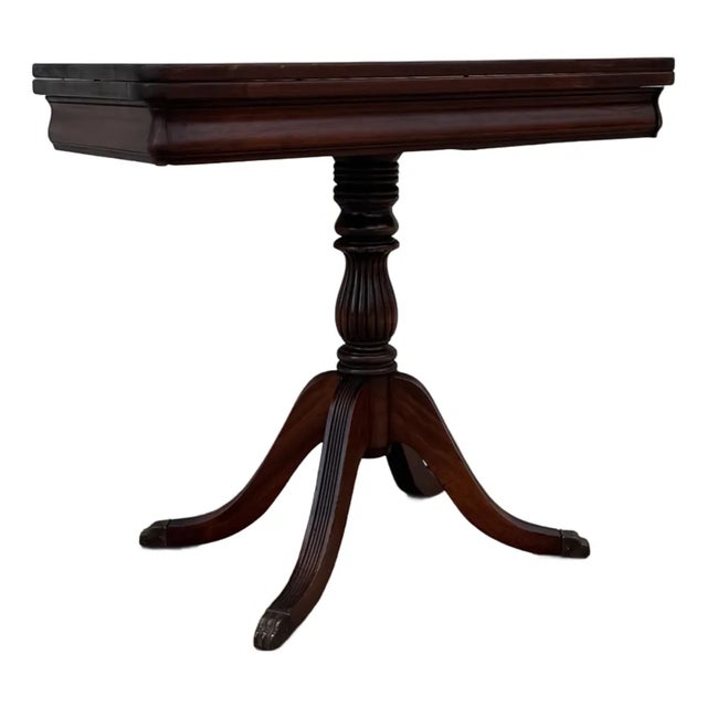 Vintage Duncan Phyfe Style Mahogany Pedestal Game Table With Brass Paw Feet For Sale