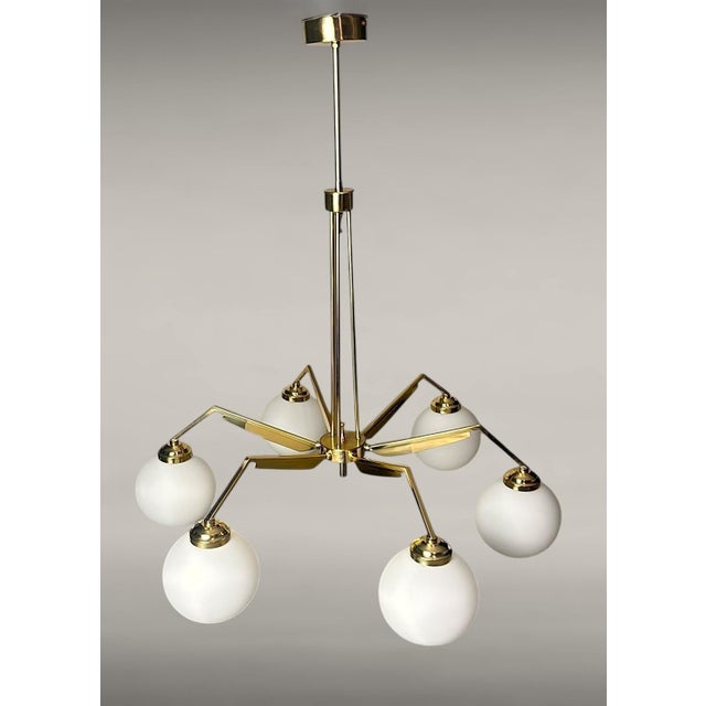 Stilnovo Mid 20th Century Stilnovo Style Italian Brass Six-Light Chandelier With Opaline Glass Globes For Sale - Image 4 of 18