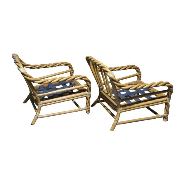 Vintage Pair of Organic Modern McGuire Twisted Bamboo Reclining Arm Chairs With Ottomans For Sale - Image 9 of 13