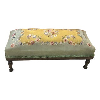 Antique, Extra-Long, Footstool, With Floral Needlepoint, Overstuffed Cushion, and Fluffy Trim, Hand Turned, Walnut Legs, Circa 1920’s For Sale