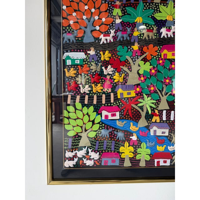Metal Large Vintage Mexican Arpillería Folk Art Textile Wall Hanging – Framed Under Plexiglass For Sale - Image 7 of 12