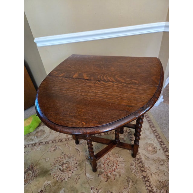 Antique English Table Drop Leaf Gateleg Barley Twist Oak Medium End Table Oval For Sale - Image 15 of 17