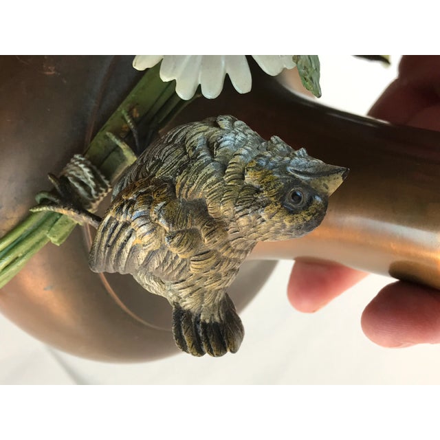 Copper Viennese Cold Painted Applied Bird Flowers on Copper Vase For Sale - Image 8 of 13