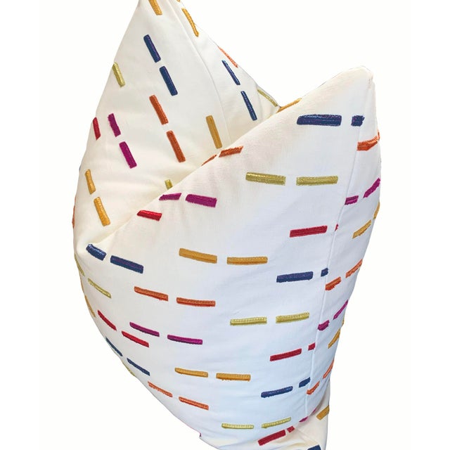 2020s Brightly Colored Embroidered Pillows on White Canvas - a Pair For Sale - Image 5 of 6