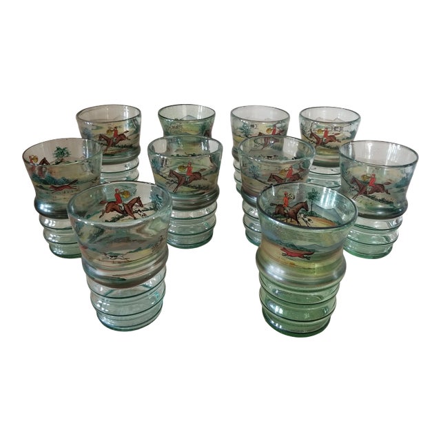 Set of Ten Vintage Hunt Themed Glasses For Sale