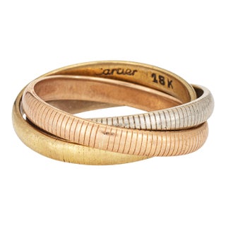 1970s Vintage Cartier Trinity Ring Sz 5 Ribbed Design 18k Tri Gold Rolling Bands For Sale
