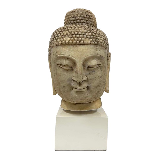 Early 20th Century Antique Chinese Carved Stone Buddha Head Sculpture For Sale