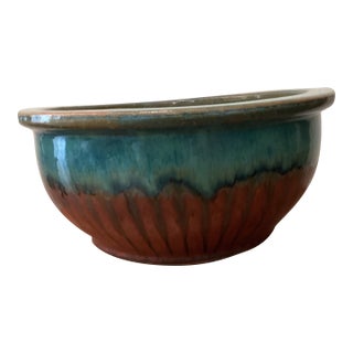 Vintage Large and Heavy Copper Green With Drip Glaze Ceramic Low Bowl Planter For Sale