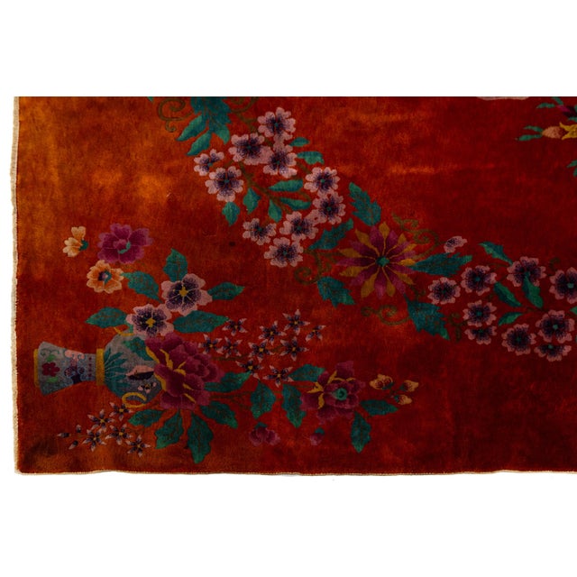 1920s Red Antique Art Deco Handmade Chinese Floral Pattern Wool Rug For Sale - Image 5 of 11