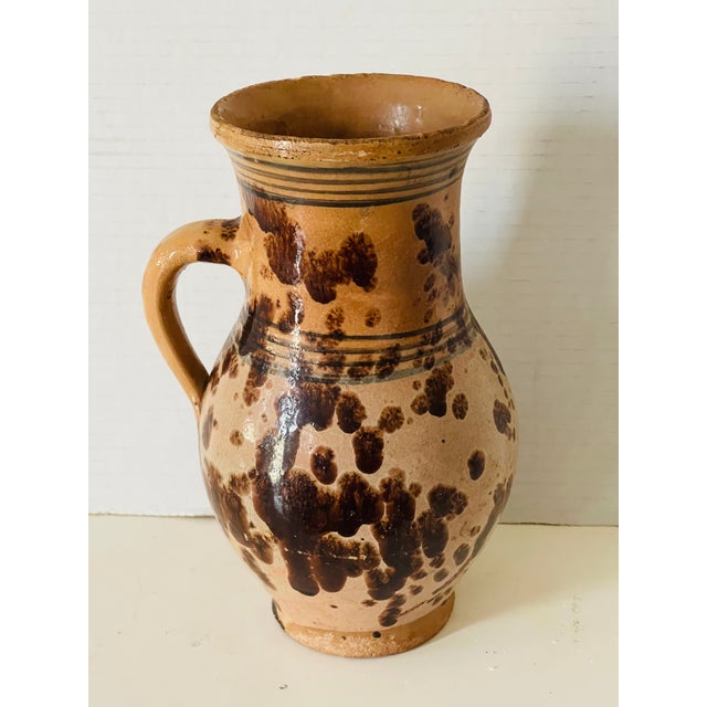 Antique Folk Art ceramic glazed milk jar or pitcher. Polychrome . 9”. Organic modern .