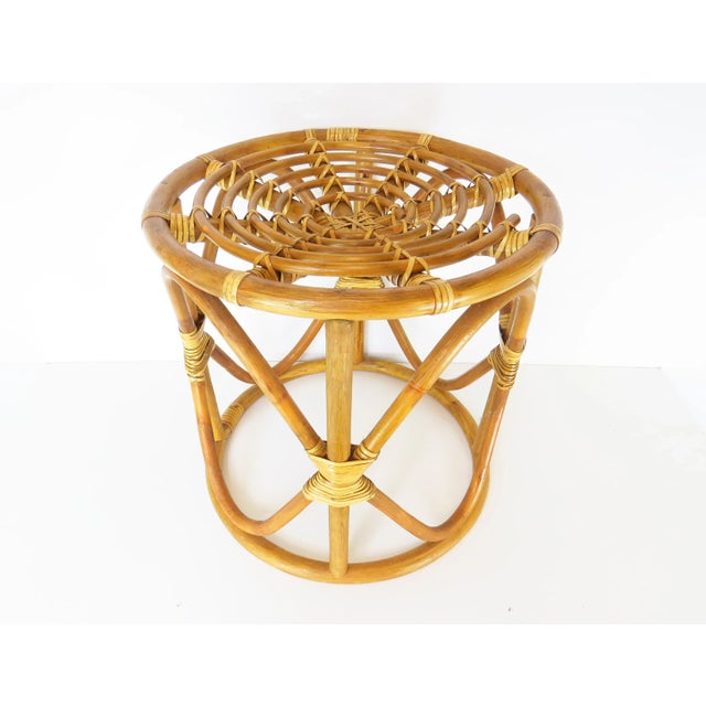 Vintage 1970s Bamboo and Rattan Round Side Table or Stool For Sale - Image 9 of 9