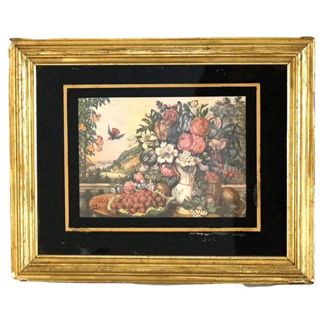 An antique floral still life print seated in the original giltwood frame with eglomise glass, C1840 Measures - 17.25"h x...