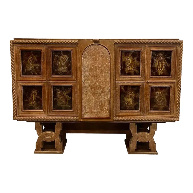 1940s French Art Deco Cerused Oak ''Eglomise Mirror'' Sideboard / Bar For Sale