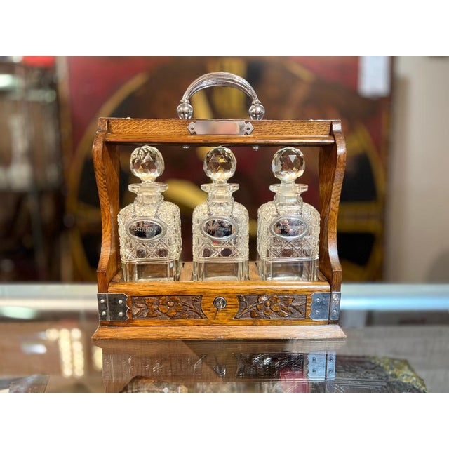 Antique English Oak Tantalus Original Hand Cut Crystal Decanters