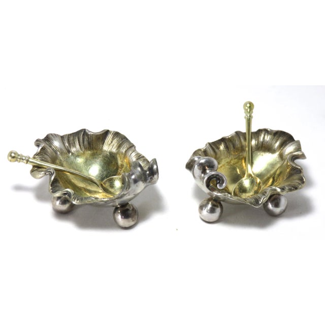 Original Pair of Antique European Heavy Cast Solid Coin Silver Open Salt Cellars & Matching Spoons For Sale In Boston - Image 6 of 13