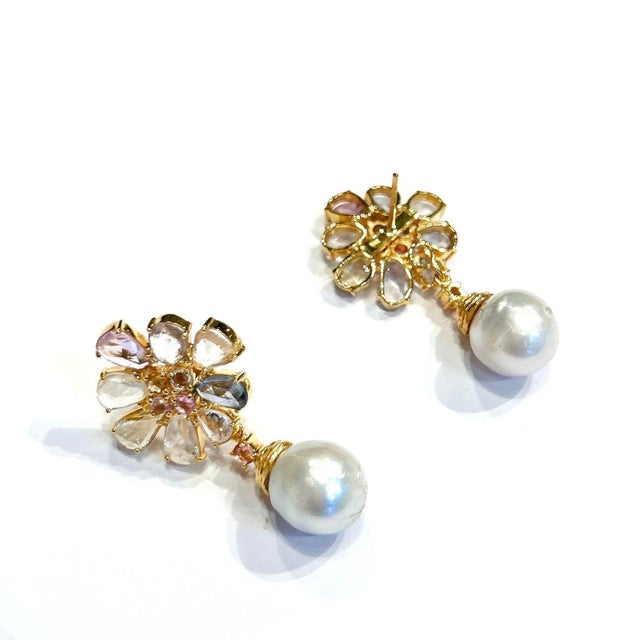 Bochic "Orient" Vintage Sapphire & White Pearls Earrings Set 18K Gold & Silver For Sale - Image 14 of 18