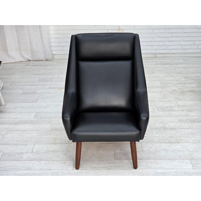 Danish Highback Armchair in Black Leatherette and Teak, 1970s For Sale - Image 6 of 18
