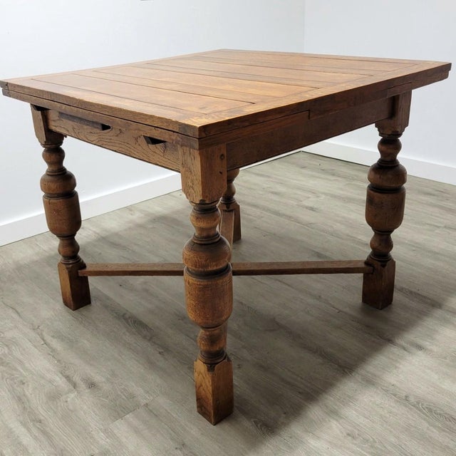 Farmhouse Antique English Quarter-Sawn Oak Draw-Leaf Dining Table, Circa 1920 For Sale - Image 3 of 7