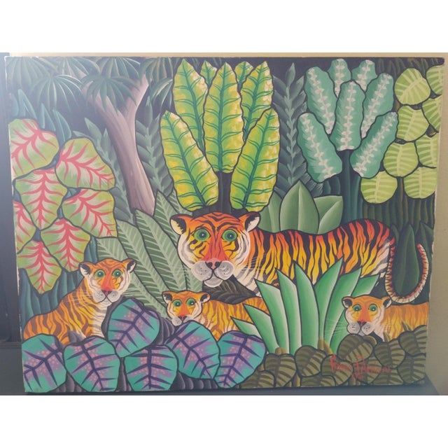 Textile 1990s Haitian Jungle Painting by Francis Paraison For Sale - Image 7 of 9