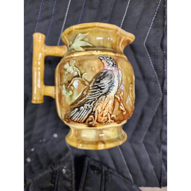 Green 19th Century Majolica Jug With Birds and Bamboo Handle For Sale - Image 8 of 10