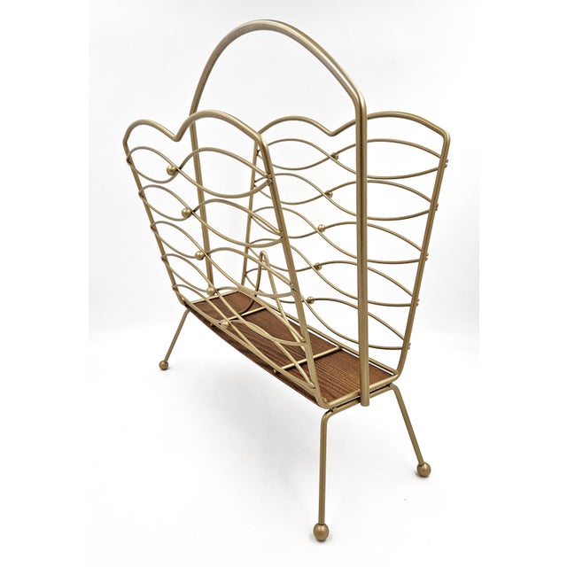 Gold MCM Lacquered Brass & Teak Wood Magazine Lp Newspaper Rack Holder For Sale - Image 8 of 10