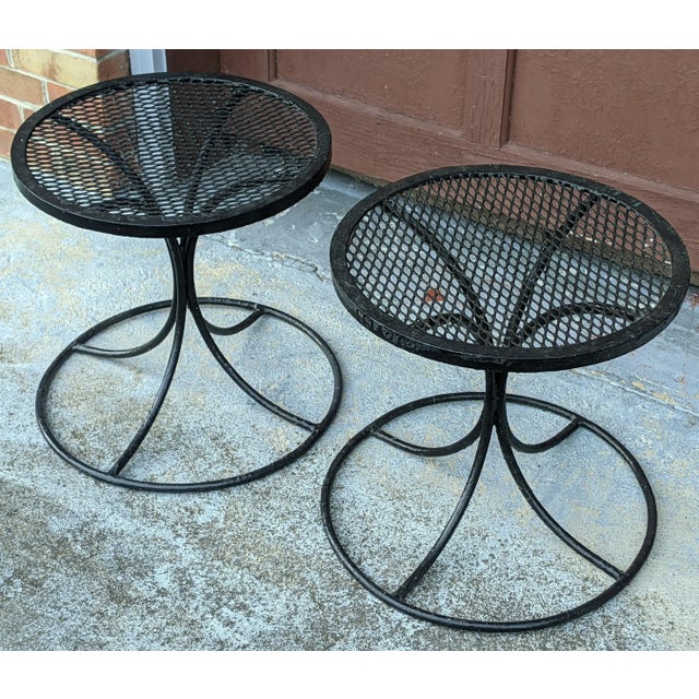 1960s Salterini Black Metal Mesh Top Tulip Base Outdoor Side Tables - A Pair, Attributed For Sale - Image 9 of 11