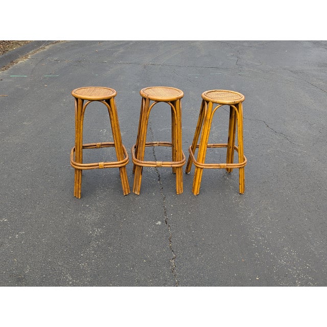 Brown Vintage Bohemian Style Bamboo Stools With Rattan Weaving Seat, 3 Pieces For Sale - Image 8 of 8