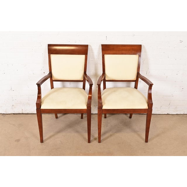 Contemporary Baker Furniture Modern Regency Cherry Wood Upholstered Armchairs, Pair For Sale - Image 3 of 12