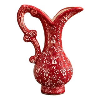 Ozen Turkish Handmade Red and White Ceramic Decorative Pitcher For Sale