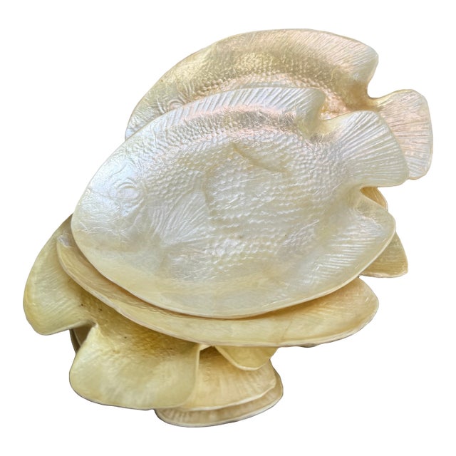 Vintage 1960s Carved Mother-of-Pearl Nacre Fish Dishes, Set of 6 — Coastal Hollywood Regency For Sale